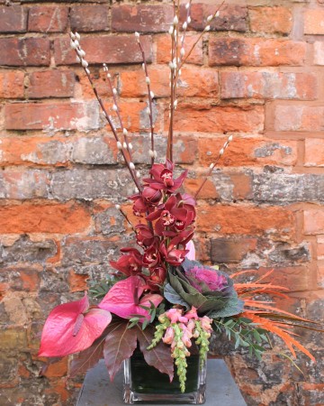 Cube Vase Front Facing Display  Of Cymbidium Orchid And Anthuriums