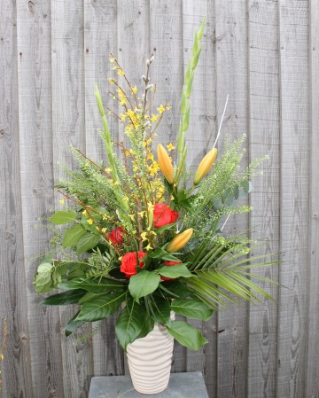 Vase Display Of Lily, Gladioli, Forsythia And Roses 