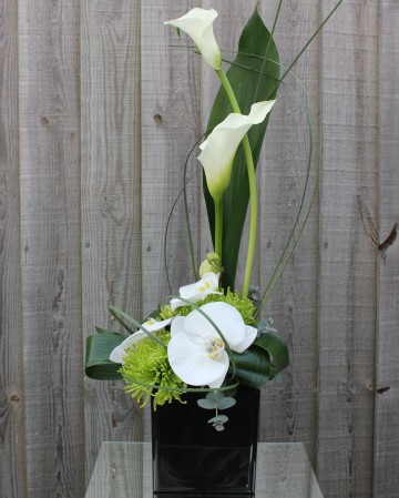 Black Cub Vase Display Calla Lily, Phalaenopsis And Chrysanthemum Blooms 