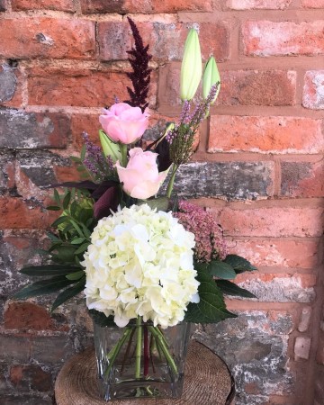Cube Vase Display Hydrangea, Lily, Rose And Amaranthus 