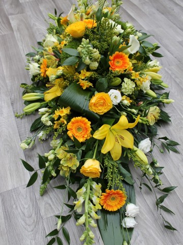 Yellow Gold And Orange Mix Casket Spray