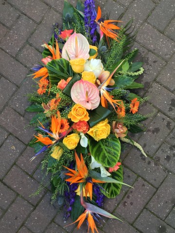 Exotic Mix Casket Spray - Strelitzea - Anthurium - delphinium - Gerbera 