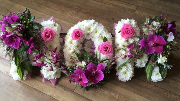 Ribbon Edge - White Based Letters - Pink And Cerise Sprays 