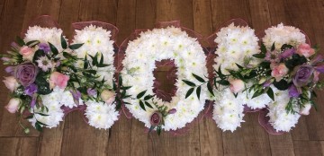 Ribbon Edge - White Based Letters - Pink And Lilac Sprays 