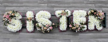 Ribbon Edge - White Based Letters - Pink And Ivory Sprays 