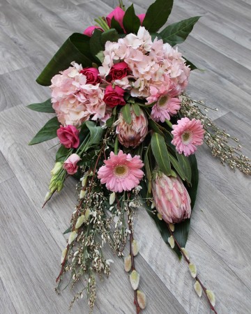 Hand Tied Sheaf Design - Pinks - Hydrangea - Gerbera - Protea - Lisianthus 