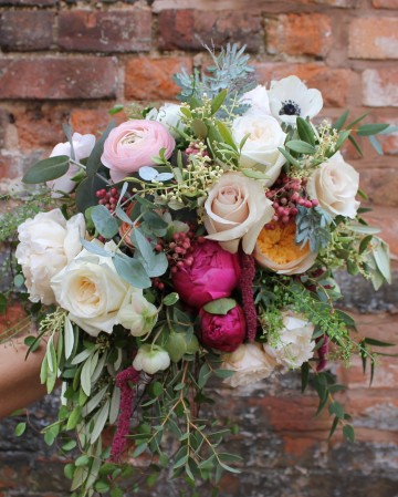 Bridal Bouquet Featuring Blush & Cerise Peony - White O'Hara Rose - Davi Austen "Juliet" Rose - Anemone - Mansfield Park Spray Rose - Helebors - Ranunculus and Lisianthus 