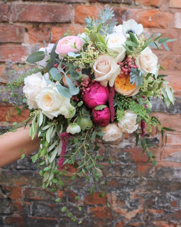 Bridal Bouquet Featuring Blush & Cerise Peony - White O'Hara Rose - Davi Austen "Juliet" Rose - Anemone - Mansfield Park Spray Rose - Helebors - Ranunculus and Lisianthus 