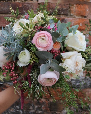 Bridal Bouquet Featuring Blush & Cerise Peony - White O'Hara Rose - Davi Austen "Juliet" Rose - Anemone - Mansfield Park Spray Rose - Helebors - Ranunculus and Lisianthus 