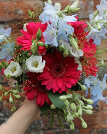 Bridal Bouquet Featuring Cerise Gerbera - Pale Blue Delphinium & Lisianthus 