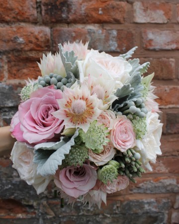 Bridesmaids Bouquet Featuring - Faith Rose - White O'Hara Rose - Bridal Protea - Brunia - Astrantia - Satchia Leaf 