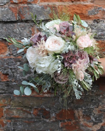 Bridal Bouquet Featuring - White O'Hara Rose - Succulents - Bombastic Spray Rose - Astilbe  - Senecio - Olive & Eucalyptus 