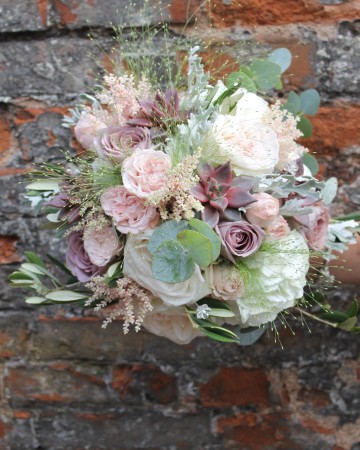 Bridal Bouquet Featuring - White O'Hara Rose - Succulents - Bombastic Spray Rose - Astilbe  - Senecio - Olive & Eucalyptus 