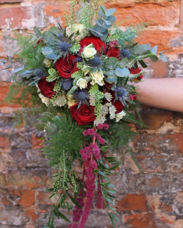Cascading Bridal Bouquet Featuring - Red Naomi Rose - Blue Eryngium - Spray Rose - Marsala Amaranthus - Eucalyptus & Soft Ruscus 