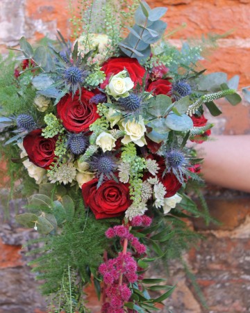 Cascading Bridal Bouquet Featuring - Red Naomi Rose - Blue Eryngium - Spray Rose - Marsala Amaranthus - Eucalyptus & Soft Ruscus 