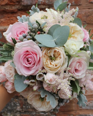 Bridal Bouquet Featuring Sweet Avalanche Rose - VIP "Clarity" Rose  - Bombastic Spray Rose - Waxflower - Astilbe - Brunia - Eucalyptus & Senico 