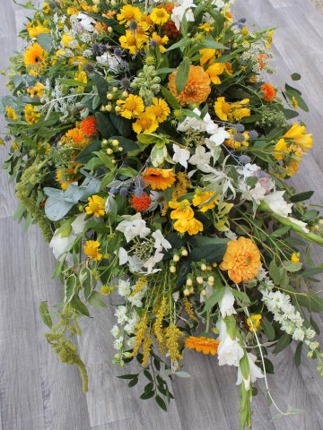 Casket spray - Golds - Yellows - Ivory Mixed Flowers -  Wild Garden Design 
