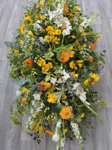 Casket spray - Golds - Yellows - Ivory Mixed Flowers -  Wild Garden Design 