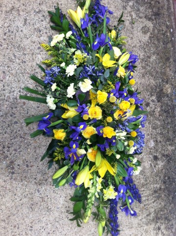 Blue and Yelow Casket Spray - Iris-  Delphinium - Yellow Rose.
