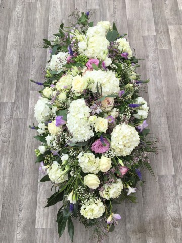 White and Lilac Casket Spray - Hydrangea - lilac Rose -  White Rose - Purple Veronica - Freesia 