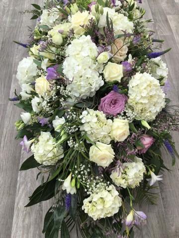 White and Lilac Casket Spray - Hydrangea - lilac Rose -  White Rose - Purple Veronica - Freesia 