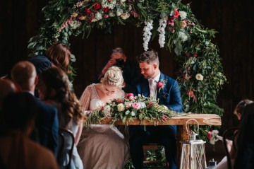 moongate ceremony display - registrar flowers - bride and groom at shustoke farm barns 