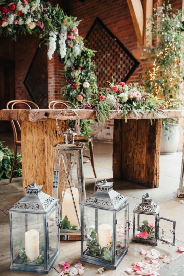Registrar Table styling - silver lanterns - moongate- floral design - petals - styling at shustoke farm barns 