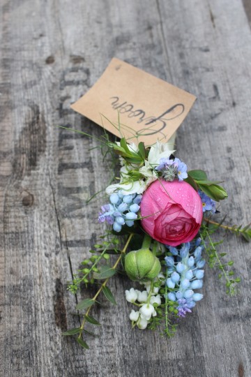 Groom's Buttonhole - Pink Ranunculus - blue Muscarri  - Eucalyptus 
