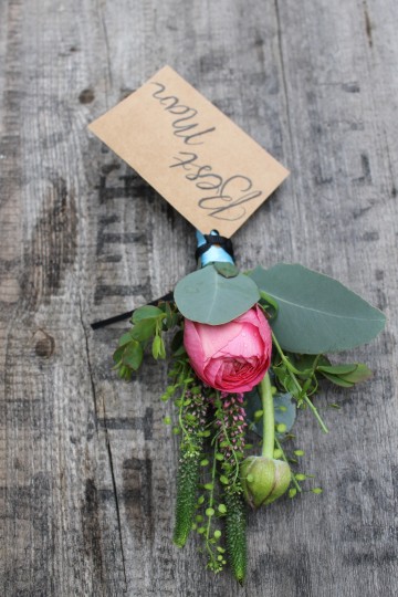 best man's buttonhole - pink Ranunculus- Eucalyptus - thlaspi