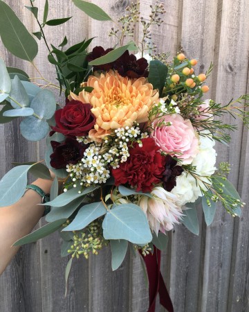 Bridesmaids bouquet - autumnal theme - peach - marsala - blush - flowers - roses - chrysanthemum - hypericum-eucalyptus-amaranthus