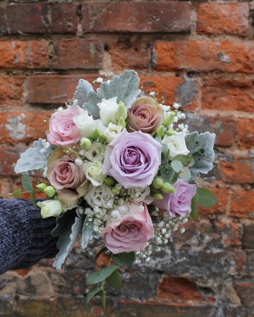 bridesmaids bouquet - muted lilac and purple tones with silver grey foliage - amnesia rose - ocean song rose - snecio - gypsophilia - faith rose 