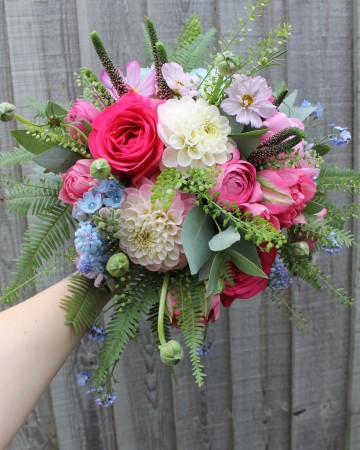 summer bridal bouquet - cerise - pale pink - pale blue flowers - cerise rose - tulips - ranunculus - dahlia - oxypetelum -veronica 