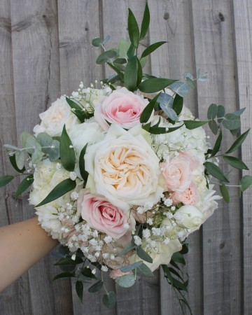 bridesmaid bouquet - blush and ivory flowers - blush rose - white o'hara rose - grey foliage - eucalyptus - gypsohilia 