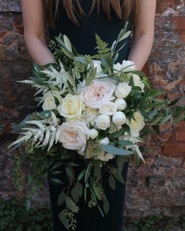 bridal bouquet - wild shower design - white o'hara rose - ivory avalanche rose - ivory astilbe - ivory spray rose - berried eucalyptus - soft ruscuss - bracken fern 