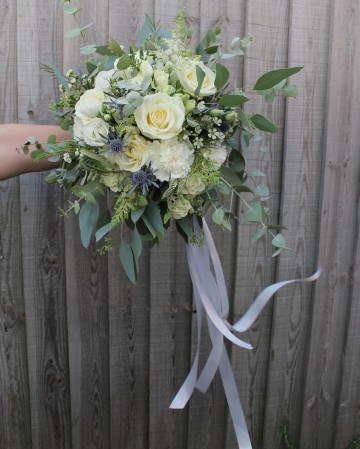 Bridal bouquet - ivory and white flowers with hint of blue- trailing silk ribbons - avalanche rose - lisianthus - carnation - waxflower - veronica astilbe - eryngium - eucalyptus 