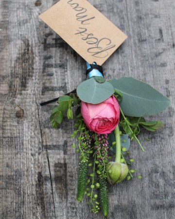 gents buttonhole - best man flowers - pink ranunculus - eucalyptus - thlaspi 