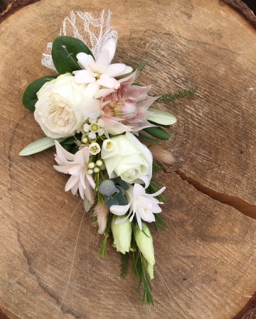 Mother of the bride corsage - blush and neutral design to match bridal bouquet - lisinathus - spray rose - tuberose - brunia 