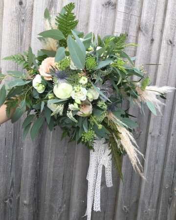 bridal bouquet - wild offset design - blush and ivory flowers - suculents - quicksand rose - white lisianthus - ivory rose - pampas grass 