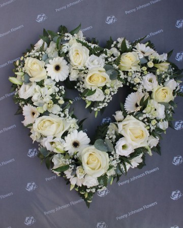 Open heart floral tribute - ivory and white mix flowers 