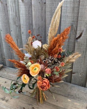 bridal bouquet- dried pampas -dried flowers and silk flowers- rustic brown deep orange and sand coloured dried floral 