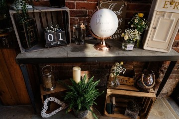 decorated entrance tables at shustoke farm barns 