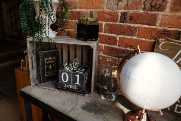 decorated entrance tables at shustoke farm barns 