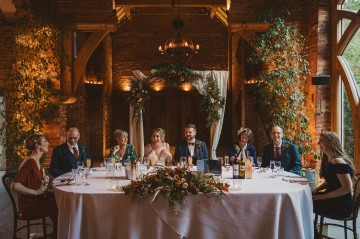 Autumnal wedding at shustoke farm barns - Orange gold navy and nude wedding flowers - quicksand roses - orange roses - blue vibernum - crocosmia - gold fern - floral arch - table plan flowers - wedding cake flowers 