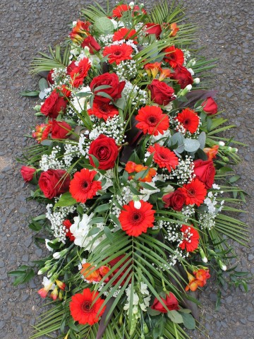 Casket Spray Featuring Red Rose, Germini, Freesia, Ivory Hydrangea, Spray Carnation and Gypsophila
