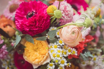 Colourful wedding at shustoke farm barns - spring flowers - ranunculus wedding - peony wedding - scabious flowers - orange pink cerise wedding flowers - vibrant wedding flowers - wild flowers - colourful bridal bouquet - buttonhole - bridesmaids flowers