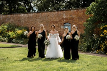 wedding at Thorpe Garden -ivory and white flowers featuring Avalanche Roses, Gypsophilia, Ammi Marjus, Lisianthus and Eucalyptus - Ivory Bridal Bouquet and Bridesmaids Bouquet - Black tie wedding