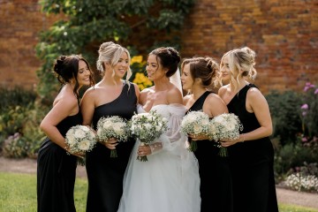 wedding at Thorpe Garden -ivory and white flowers featuring Avalanche Roses, Gypsophilia, Ammi Marjus, Lisianthus and Eucalyptus - Ivory Bridal Bouquet and Bridesmaids Bouquet - Black tie wedding