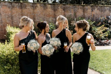 wedding at Thorpe Garden -ivory and white flowers featuring Avalanche Roses, Gypsophilia, Ammi Marjus, Lisianthus and Eucalyptus - Ivory Bridal Bouquet and Bridesmaids Bouquet - Black tie wedding