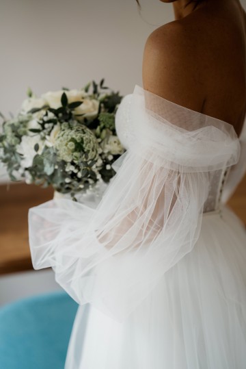 wedding at Thorpe Garden -ivory and white flowers featuring Avalanche Roses, Gypsophilia, Ammi Marjus, Lisianthus and Eucalyptus - Ivory Bridal Bouquet and Bridesmaids Bouquet - Black tie wedding