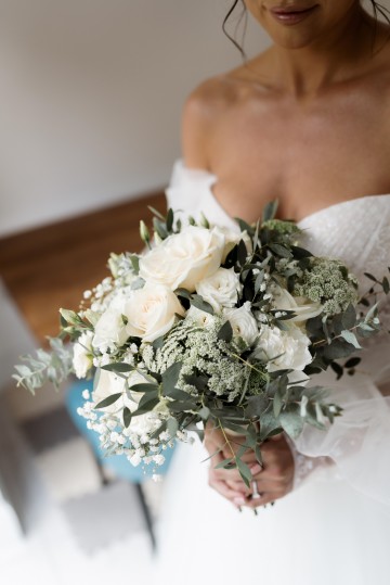 wedding at Thorpe Garden -ivory and white flowers featuring Avalanche Roses, Gypsophilia, Ammi Marjus, Lisianthus and Eucalyptus - Ivory Bridal Bouquet and Bridesmaids Bouquet - Black tie wedding